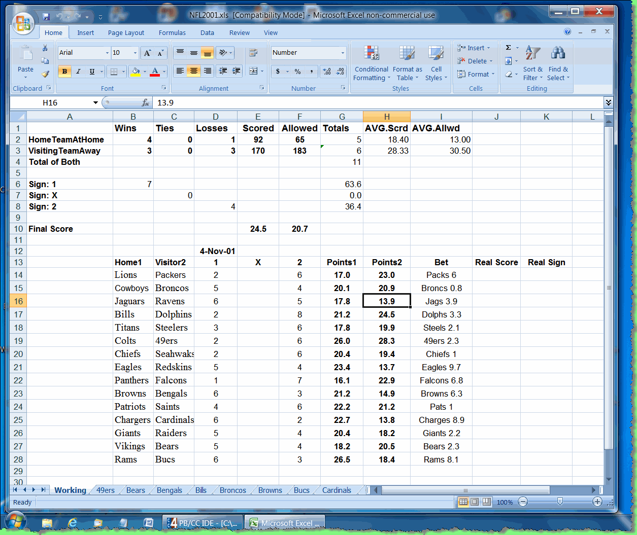 NFL professional American football spreadsheet to work with scores, results to predict the most accurate picks.